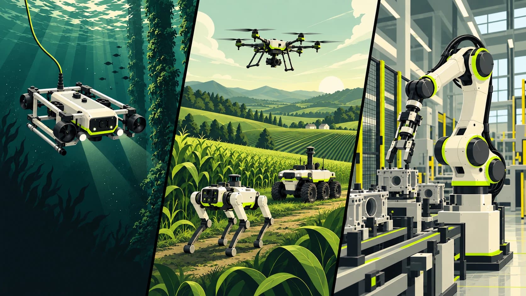 Robots at work: an underwater ROV, a drone and ground robots in a field, a robot arm on a factory line