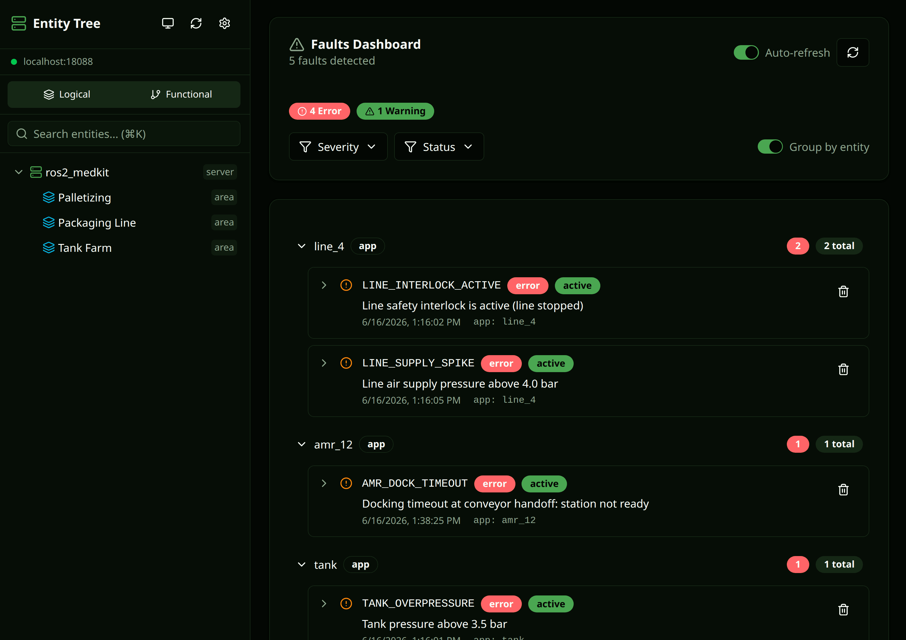 Medkit web UI - one faults dashboard across a packaging line, an autonomous robot, and a tank farm, each fault shown by code, severity, and description