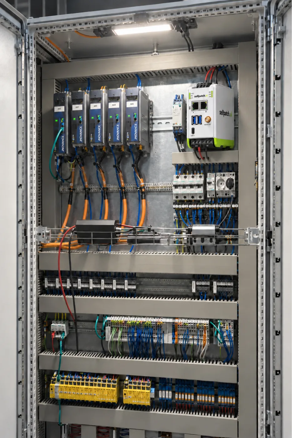 selfpatch Diagnostics Box mounted on a DIN rail in an electrical cabinet