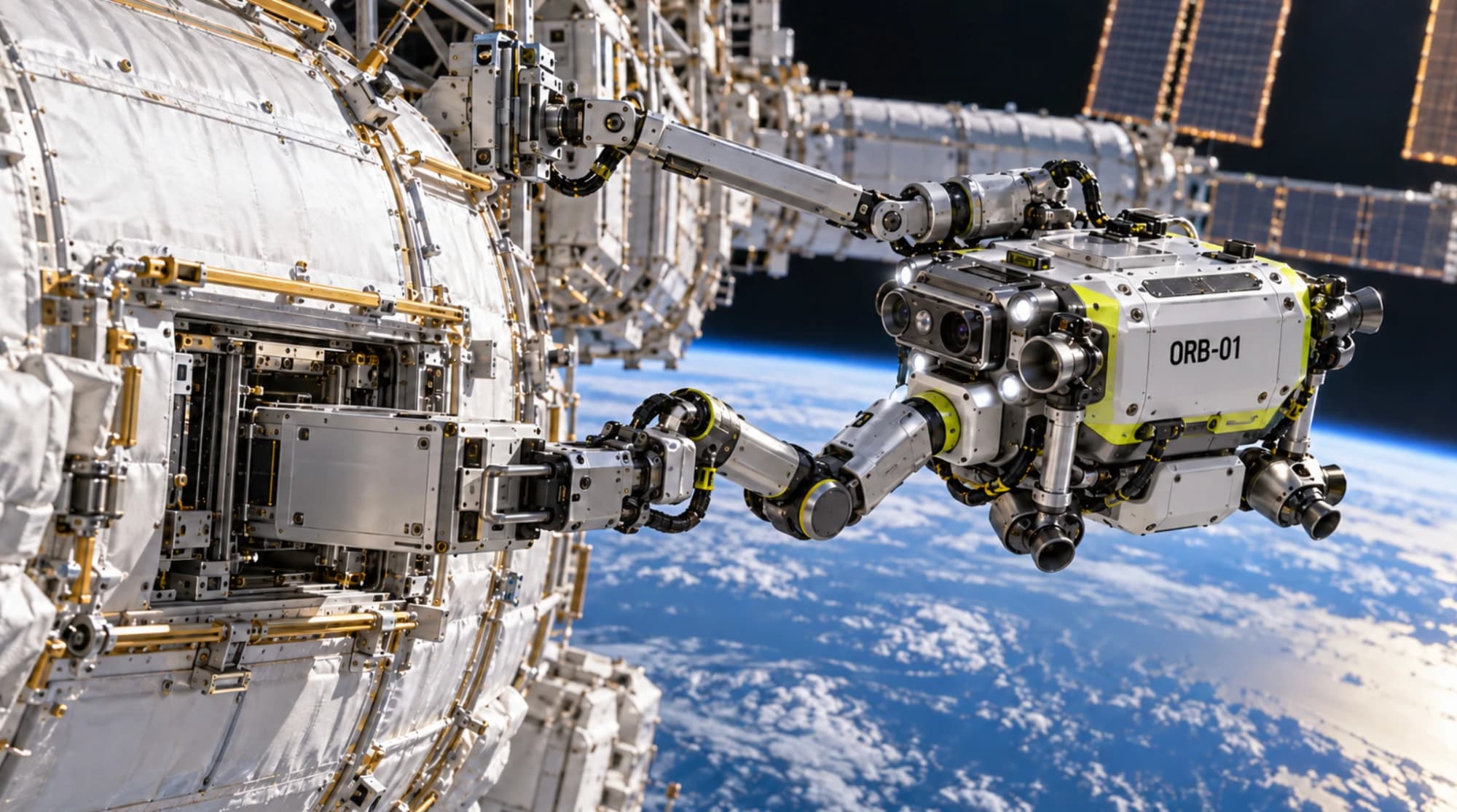 A servicing robot working on a space station module above the Earth
