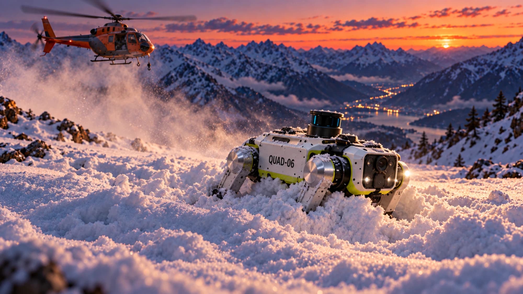 A quadruped robot wading through deep snow on a mountain at sunset, a rescue helicopter overhead