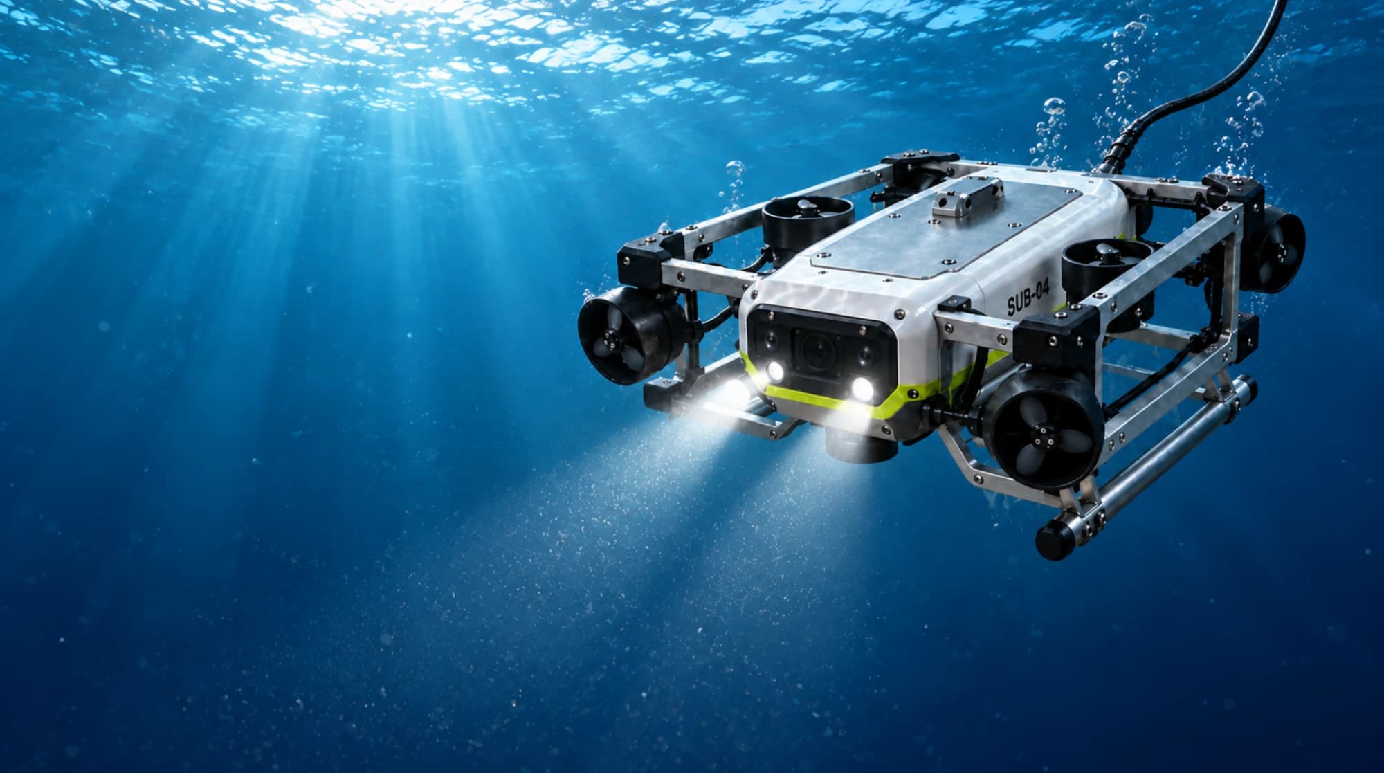 An underwater ROV with its lights on, under a sunlit sea surface