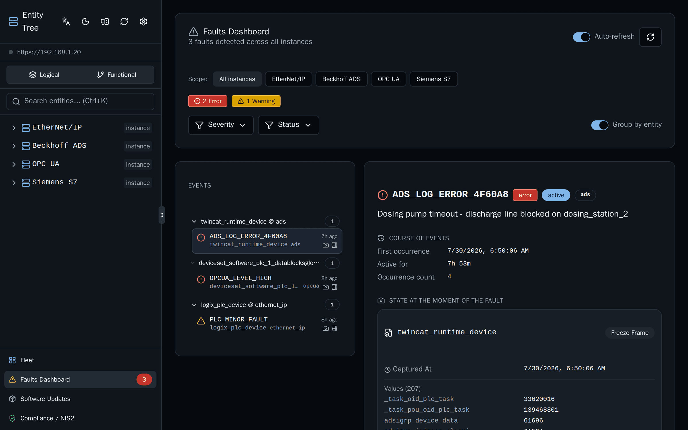 Faults dashboard showing three correlated faults across EtherNet/IP, Beckhoff ADS and OPC UA instances, with a freeze-frame fault detail open
