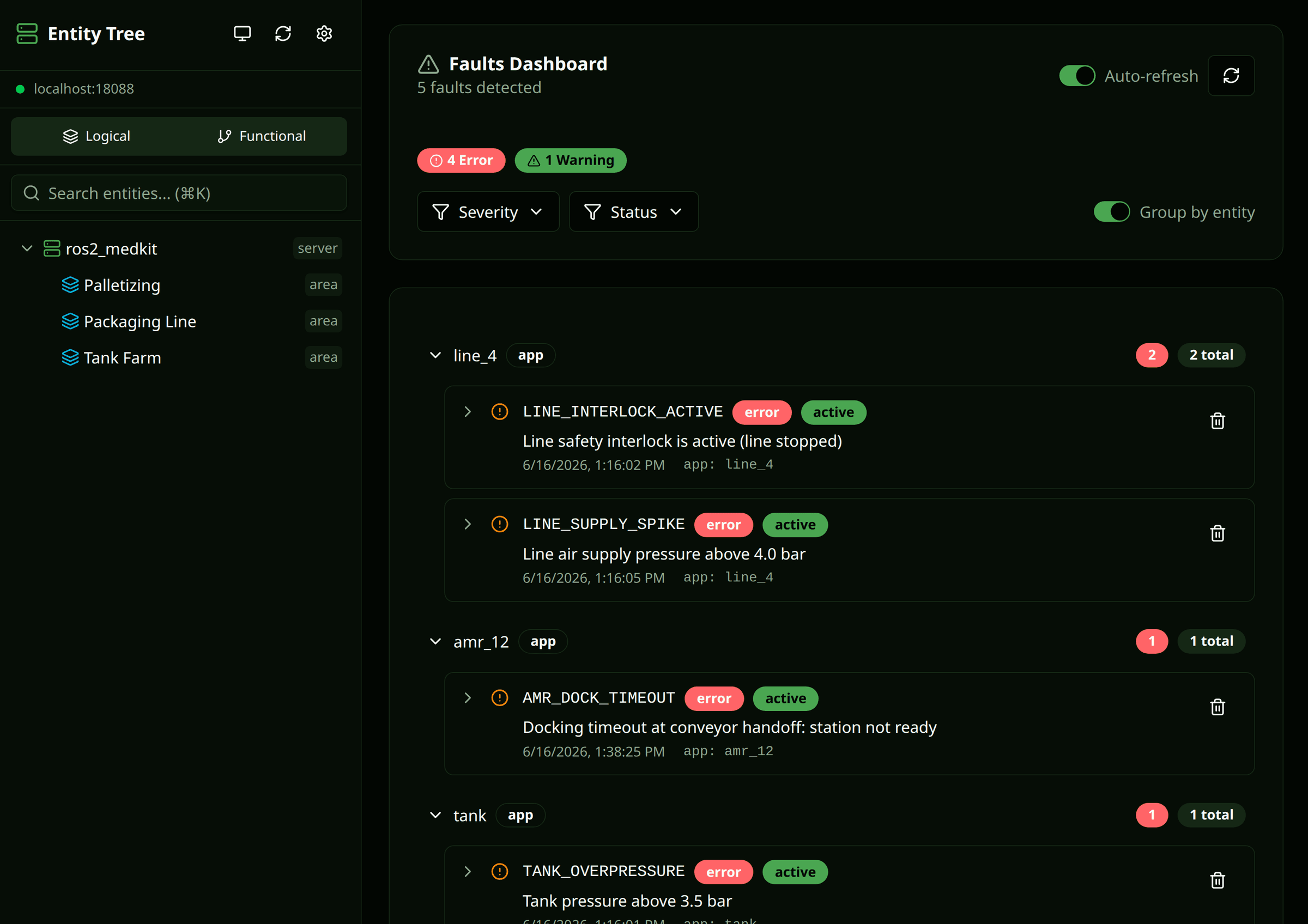 Medkit web UI - one faults dashboard across a packaging line, an autonomous robot, and a tank farm, each fault shown by code, severity, and description
